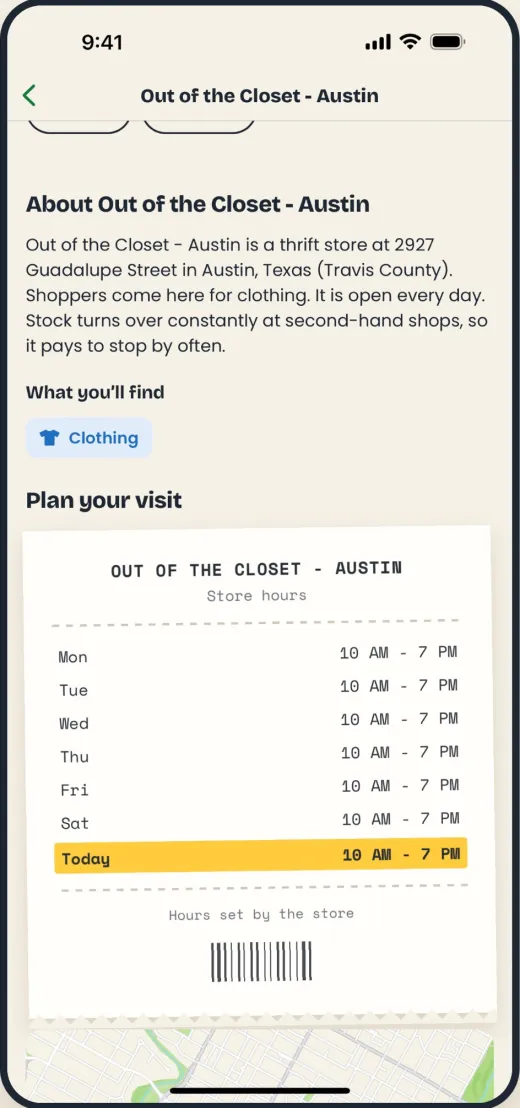 A store's weekly hours in ThriftyPickers, printed like a till receipt with today highlighted