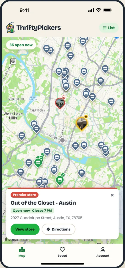 ThriftyPickers map of thrift stores in Austin, with a store card showing it is open now