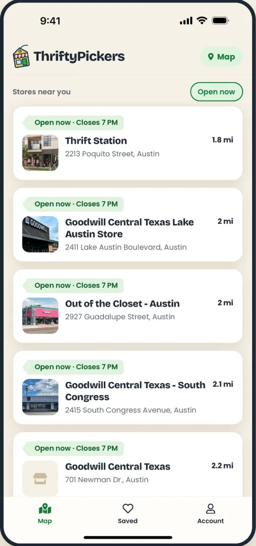 ThriftyPickers list of thrift stores near you, each marked open now with its closing time
