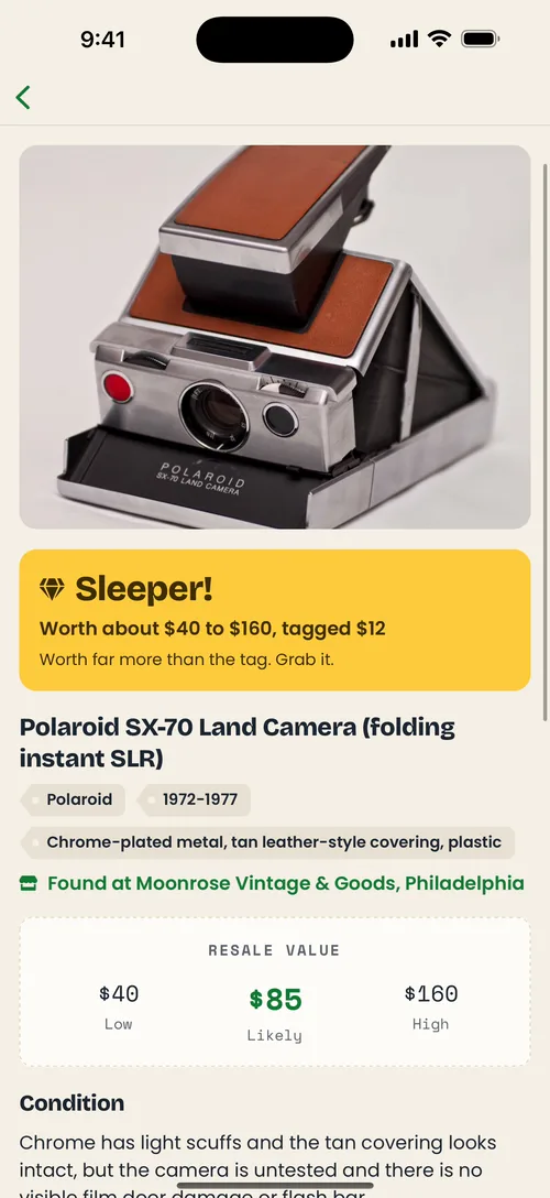 A Value Scanner result in ThriftyPickers: a Polaroid SX-70 camera tagged $12, marked Sleeper and worth about $40 to $160