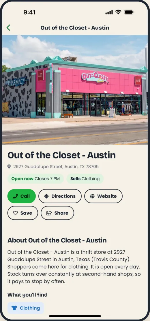 A thrift store's page in ThriftyPickers with its photo, open status and Call, Directions and Website buttons
