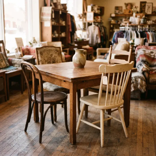 Dining tables and chairs at a thrift store