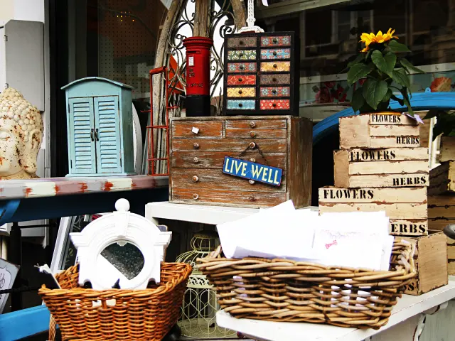 Wicker baskets and wooden crates at a secondhand market