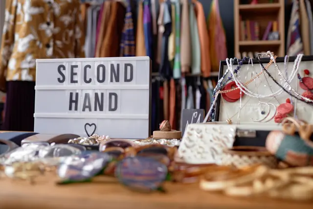A "Second Hand" sign above a table of jewelry and trinkets