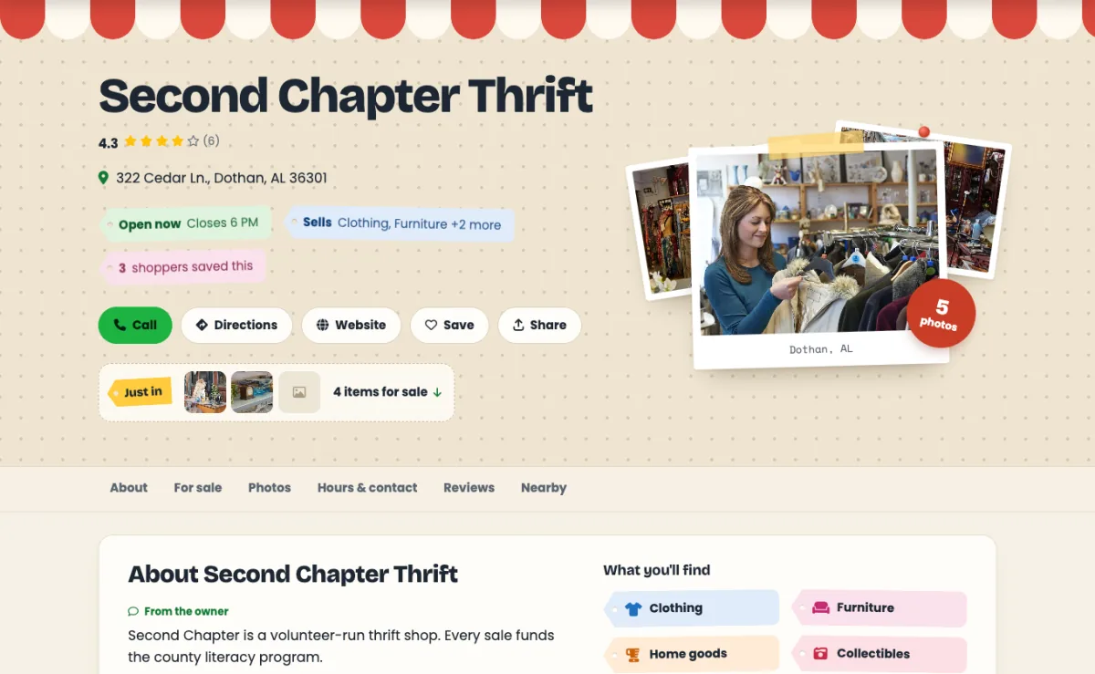 A Pro store page on ThriftStores.net with photos, hours and items for sale